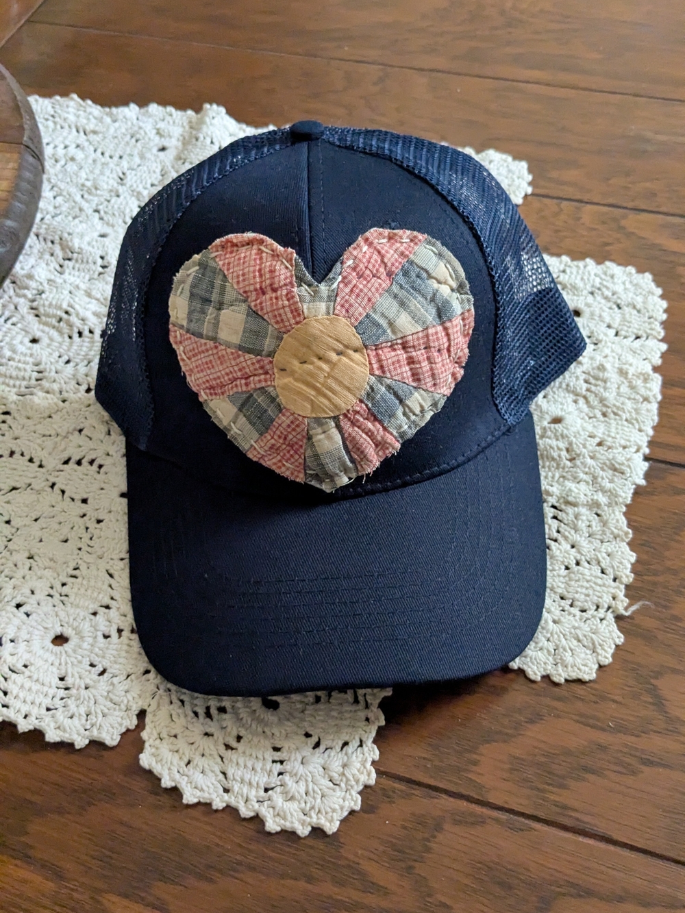Ladies Trucker Hat with Heart from Vintage Quilt
